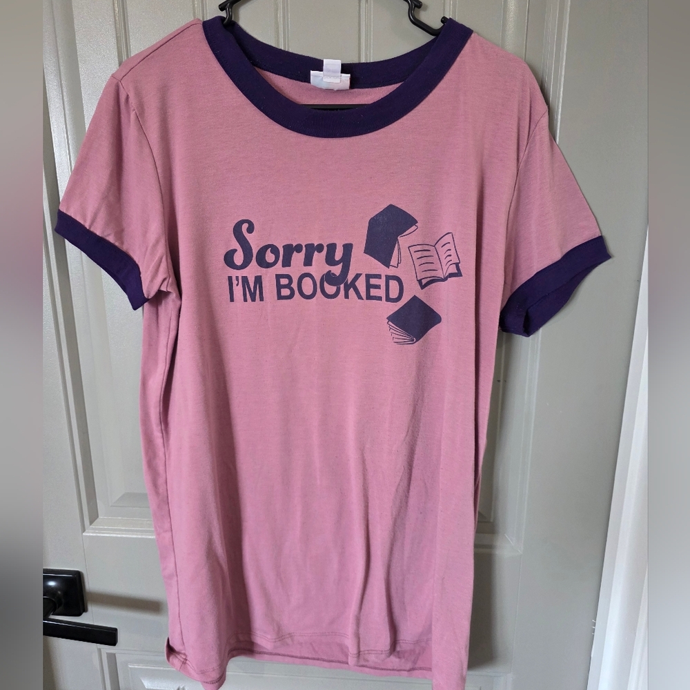 Lularoe Womans Large Pink And Purple Book Shirt Short Sleeve